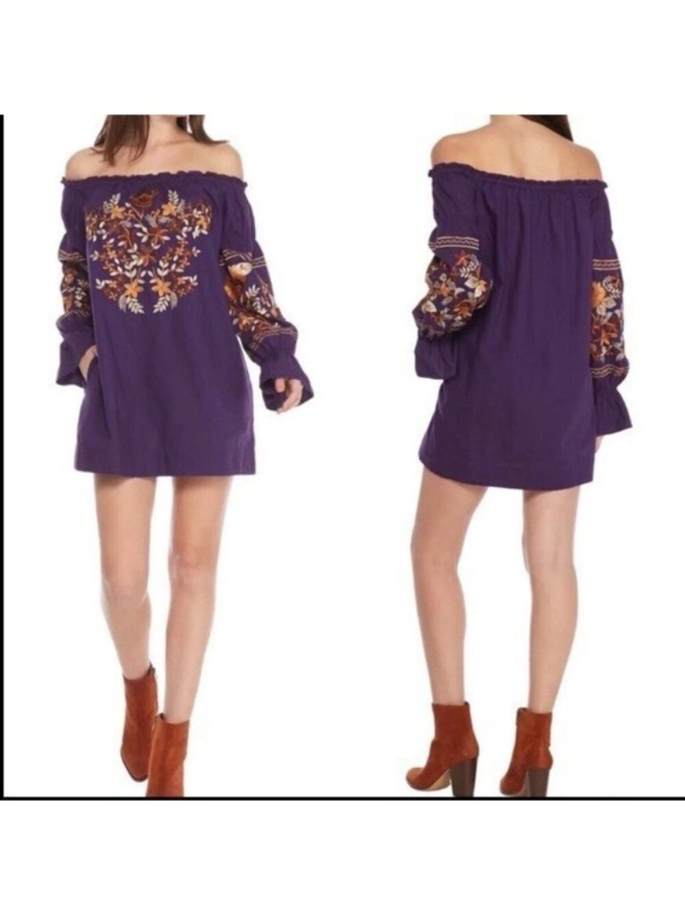 EUC Free People Dress Womens Purple Fleur Du Jour Floral Embroidered Mini Boho M